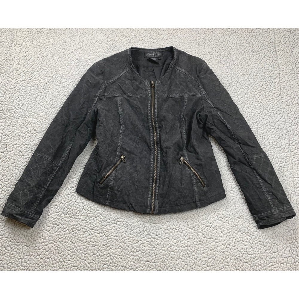 Live A Little Jacket Womens‎ Large Black Faux Leather Quilted Full Zip 51189PU